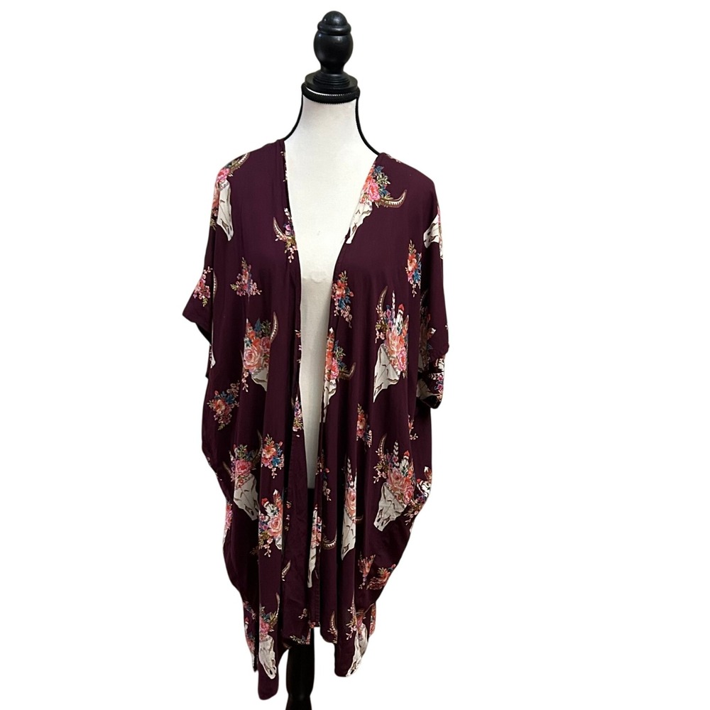 Angie Women's Kimono Topper Bull Skull Floral Burgundy Bohemian Boho Size L